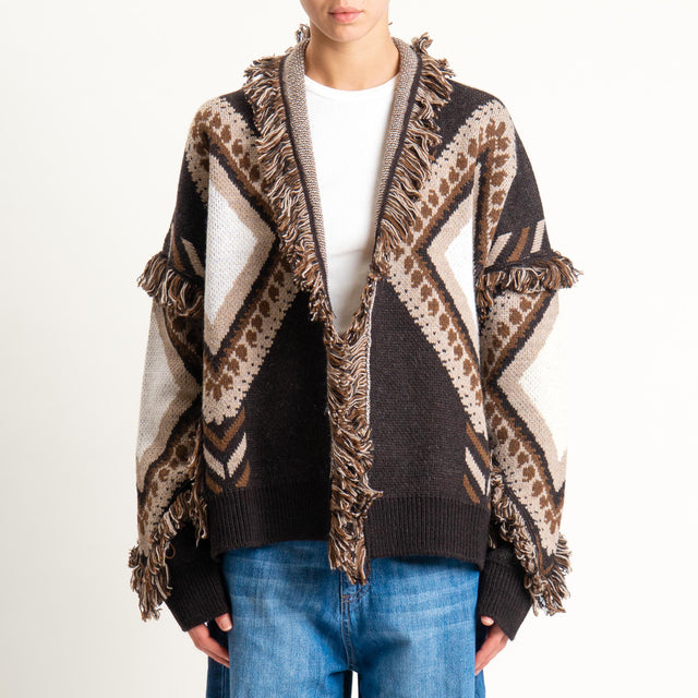 Tensione in-Cardigan rombi con frange - brown/sand/off white