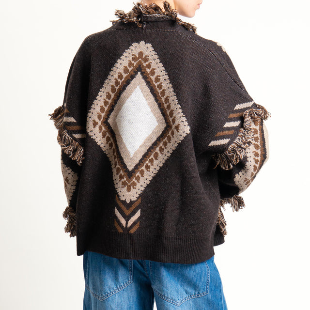 Tensione in-Cardigan rombi con frange - brown/sand/off white