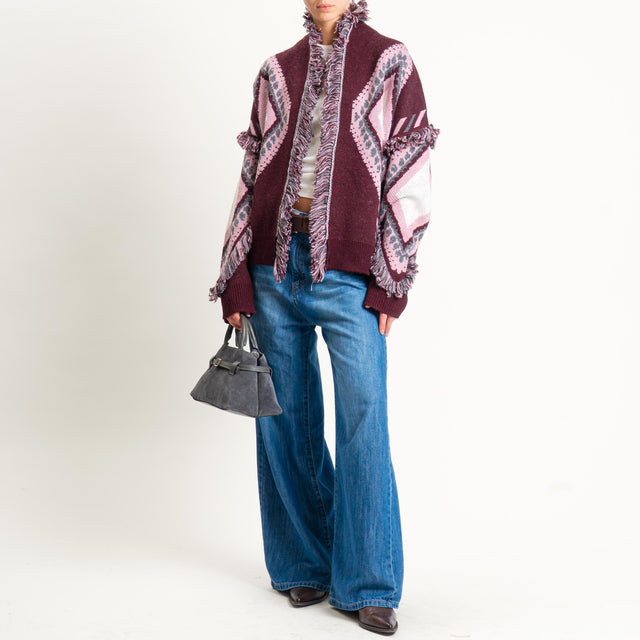 Tensione in-Cardigan rombi con frange - burgundy/rosa/off white