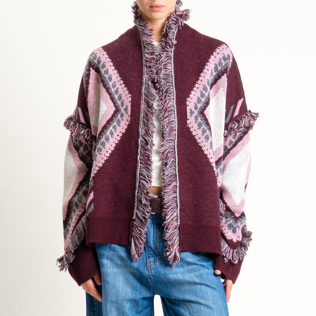 Tensione in-Cardigan rombi con frange - burgundy/rosa/off white