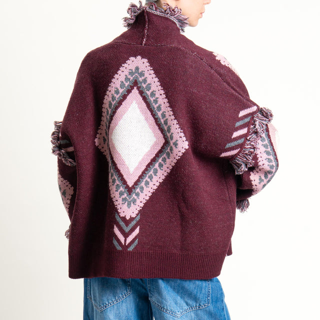 Tensione in-Cardigan rombi con frange - burgundy/rosa/off white