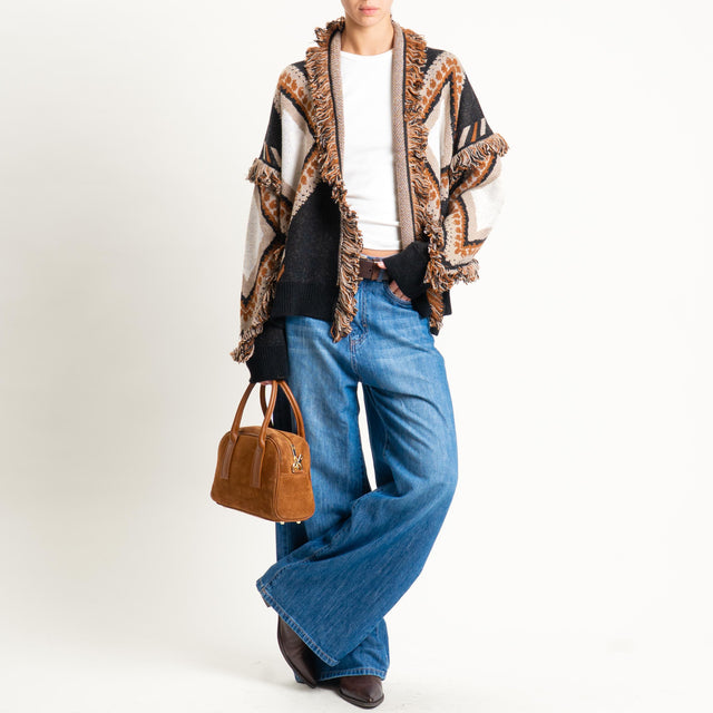 Tensione in-Cardigan rombi con frange - black/sand/cuoio