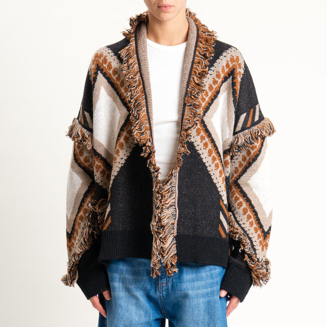 Tensione in-Cardigan rombi con frange - black/sand/cuoio