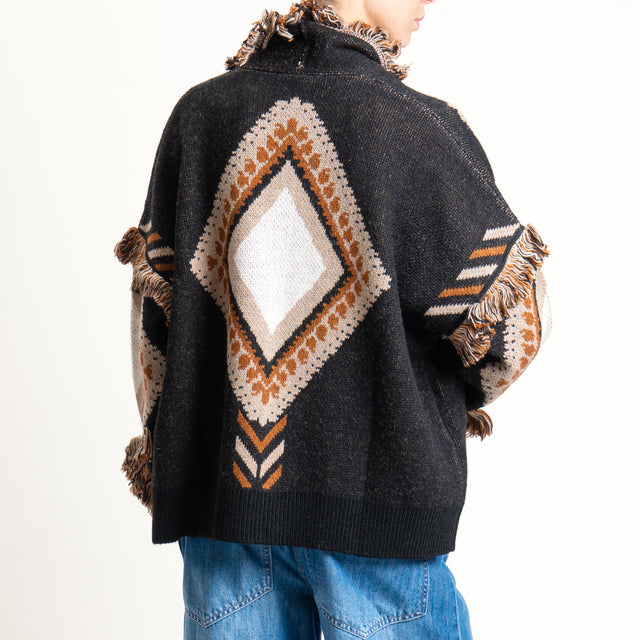 Tensione in-Cardigan rombi con frange - black/sand/cuoio