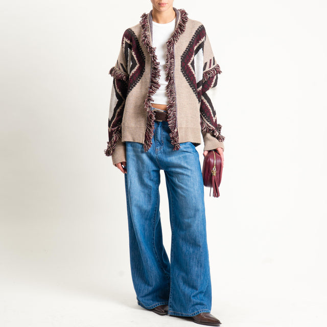 Tensione in-Cardigan rombi con frange - off white/sand/vino