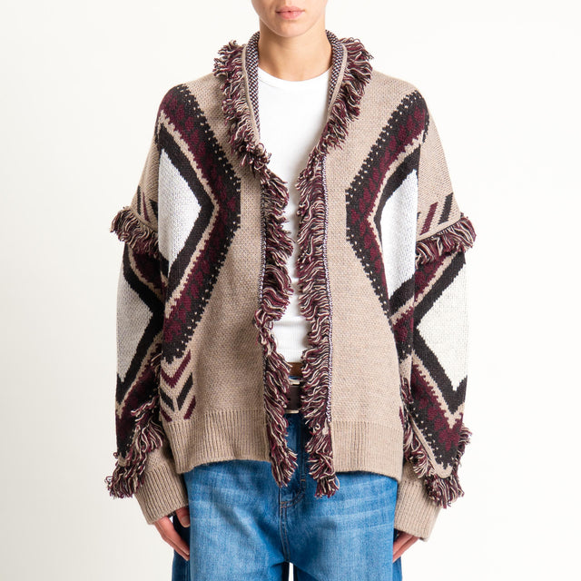 Tensione in-Cardigan rombi con frange - off white/sand/vino