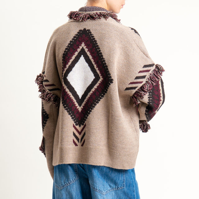 Tensione in-Cardigan rombi con frange - off white/sand/vino