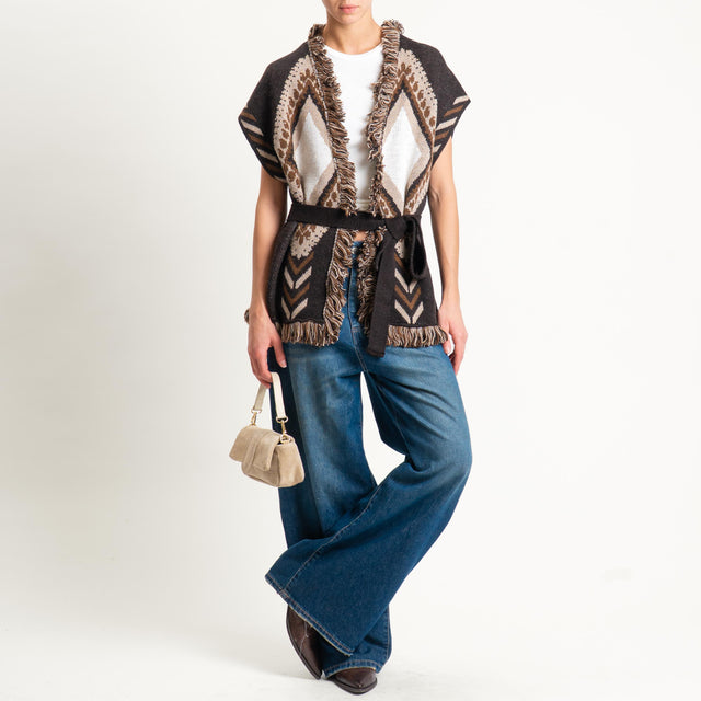Tensione in-Gilet rombi con frange - brown/sand/off white
