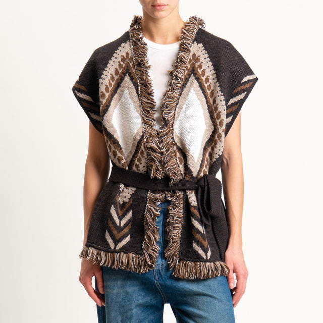 Tensione in-Gilet rombi con frange - brown/sand/off white