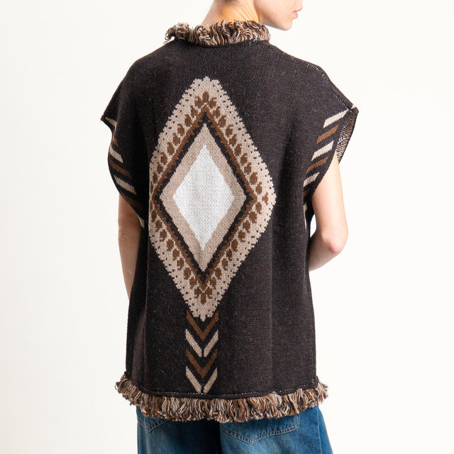 Tensione in-Gilet rombi con frange - brown/sand/off white
