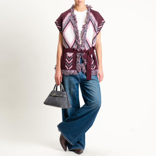 Tensione in-Gilet rombi con frange - burgundy/rosa/off white