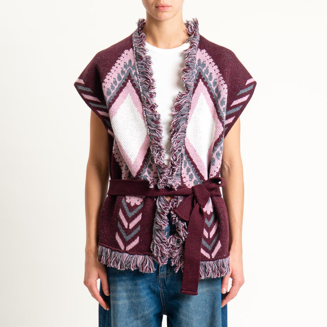 Tensione in-Gilet rombi con frange - burgundy/rosa/off white