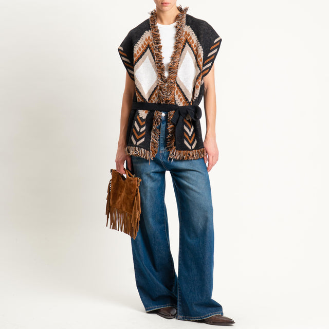 Tensione in-Gilet rombi con frange - black/sand/cuoio
