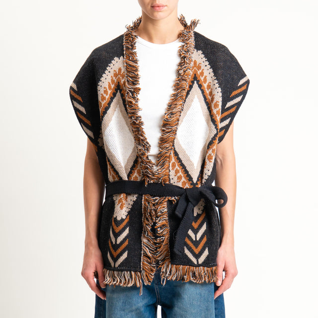Tensione in-Gilet rombi con frange - black/sand/cuoio