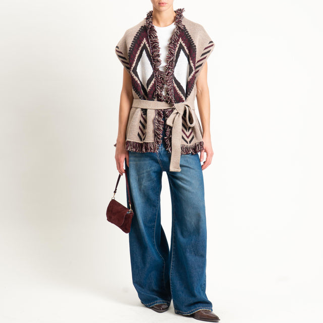 Tensione in-Gilet rombi con frange - off white/sand/vino