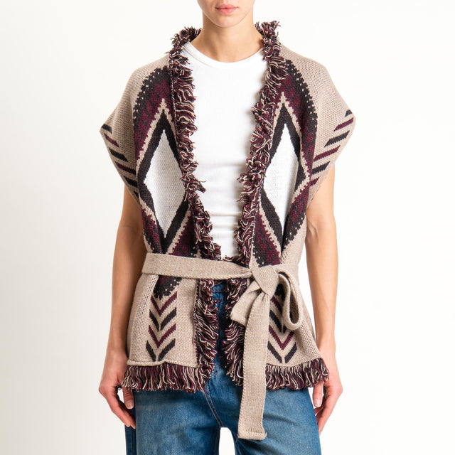 Tensione in-Gilet rombi con frange - off white/sand/vino