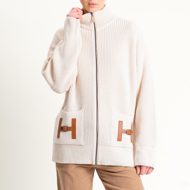 Tensione in-Cardigan costa inglese con zip misto alpaca - offwhite