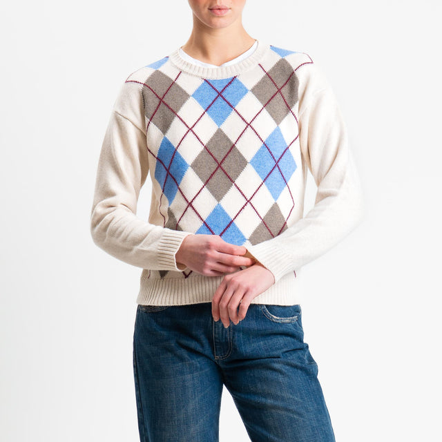 Tensione in-Maglia argyle girocollo misto cashmere - off white/azzurro/taupe