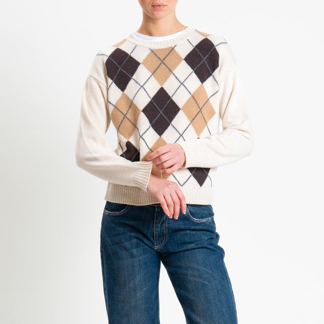 Tensione in-Maglia argyle girocollo misto cashmere - beige/off white/moro