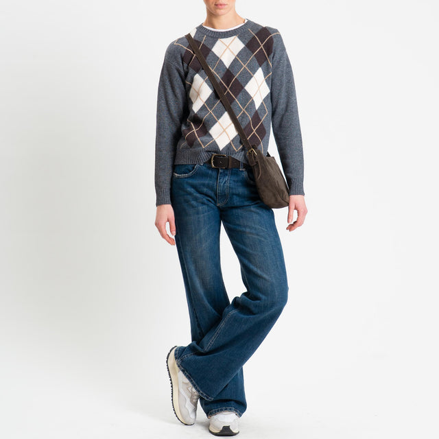 Tensione in-Maglia argyle girocollo misto cashmere - off white/antracite/moro