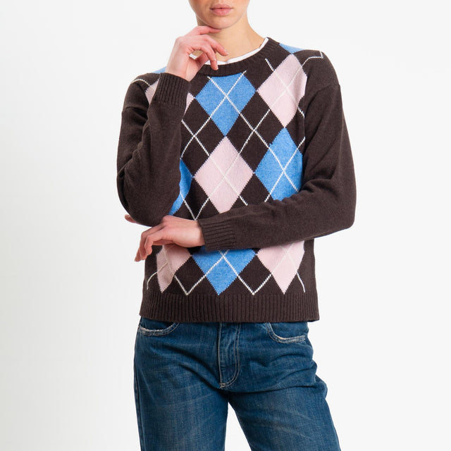 Tensione in-Maglia argyle girocollo misto cashmere - moro/azzurro/rosa
