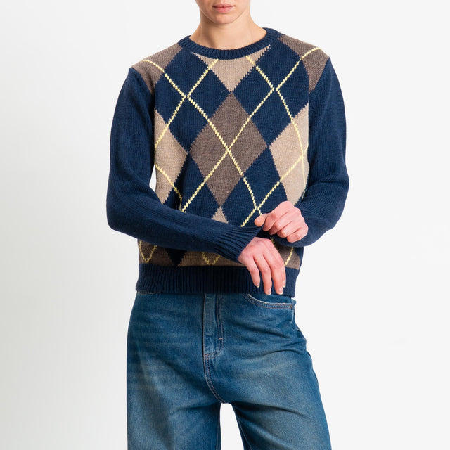 Tensione in-Maglia argyle misto alpaca - blu/taupe/tortora