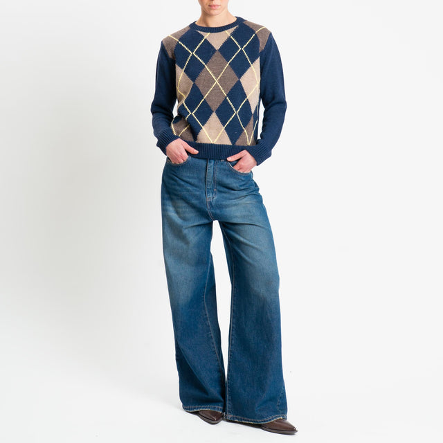 Tensione in-Maglia argyle misto alpaca - blu/taupe/tortora