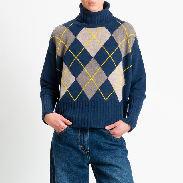 Tensione in-Maglia argyle collo alto misto cashmer - blu/taupe/tortora