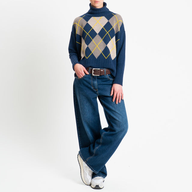 Tensione in-Maglia argyle collo alto misto cashmer - blu/taupe/tortora