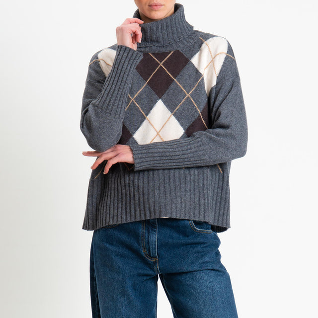 Tensione in-Maglia argyle collo alto misto cashmere - off white/antracite/moro
