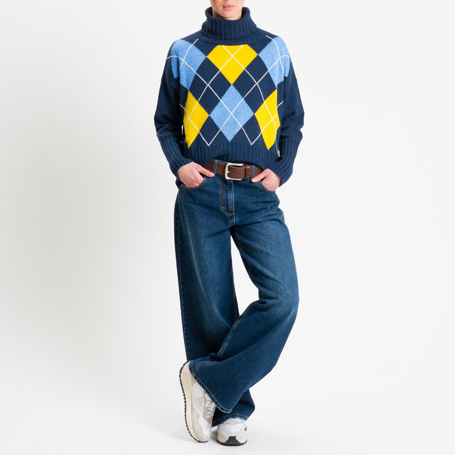 Tensione in-Maglia argyle collo alto misto cashmere - blu/azzurro/giallo
