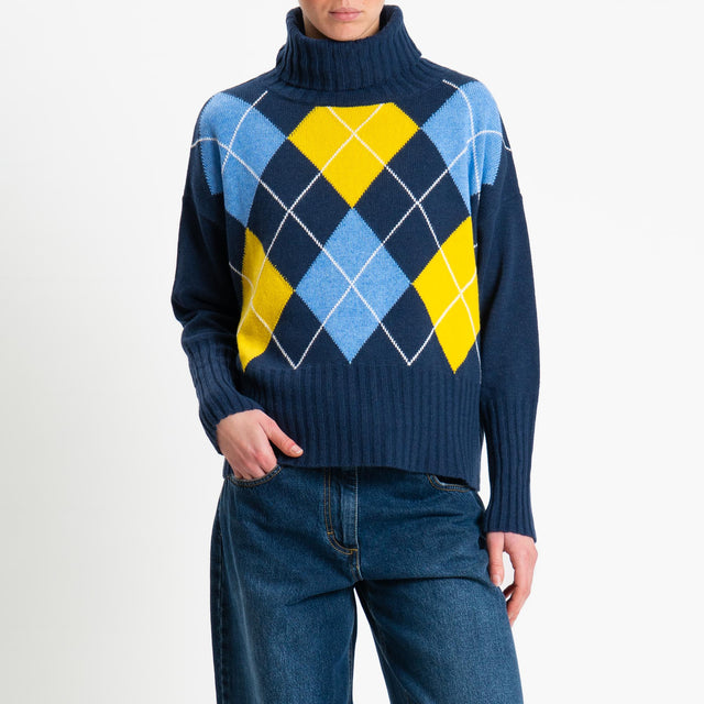 Tensione in-Maglia argyle collo alto misto cashmere - blu/azzurro/giallo