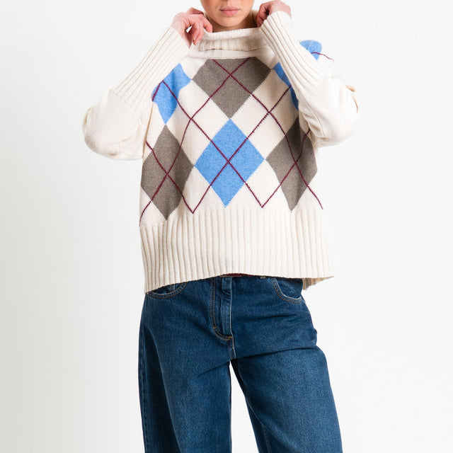 Tensione in-Maglia argyle collo alto misto cashmere - off white/azzurro/taupe
