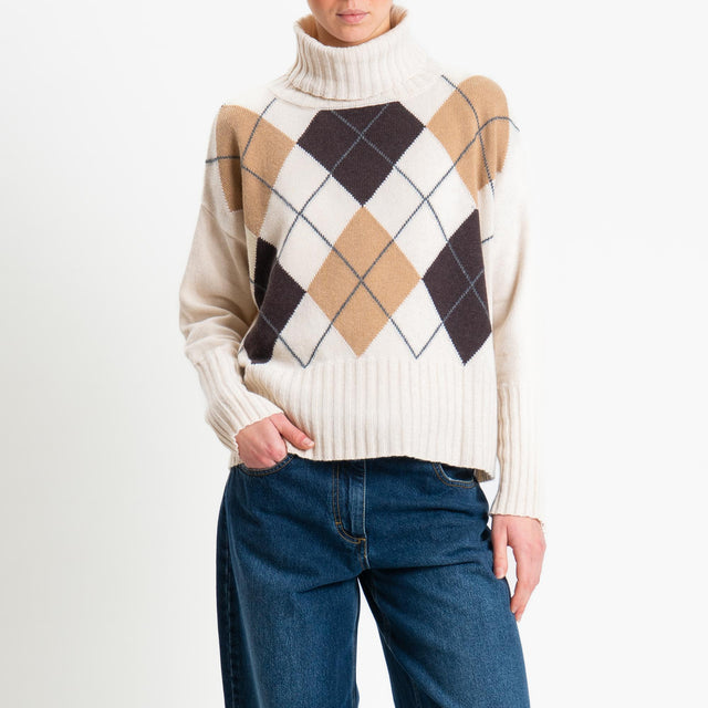 Tensione in-Maglia argyle collo alto misto cashmere - beige/off white/moro
