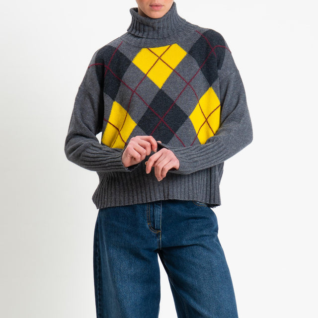 Tensione in-Maglia argyle collo alto misto cashmere - charcoal/giallo/antracite