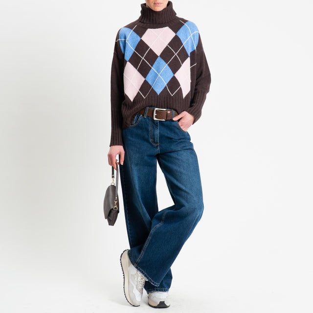 Tensione in-Maglia argyle collo alto misto cashmere - moro/azzurro/rosa