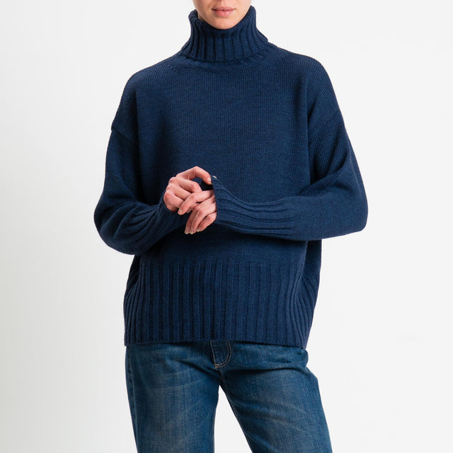 Tensione in-Maglia scatola collo alto misto alpaca - blu