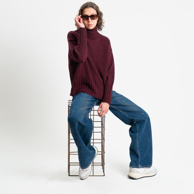 Tensione in-Maglia scatola collo alto misto alpaca - burgundy