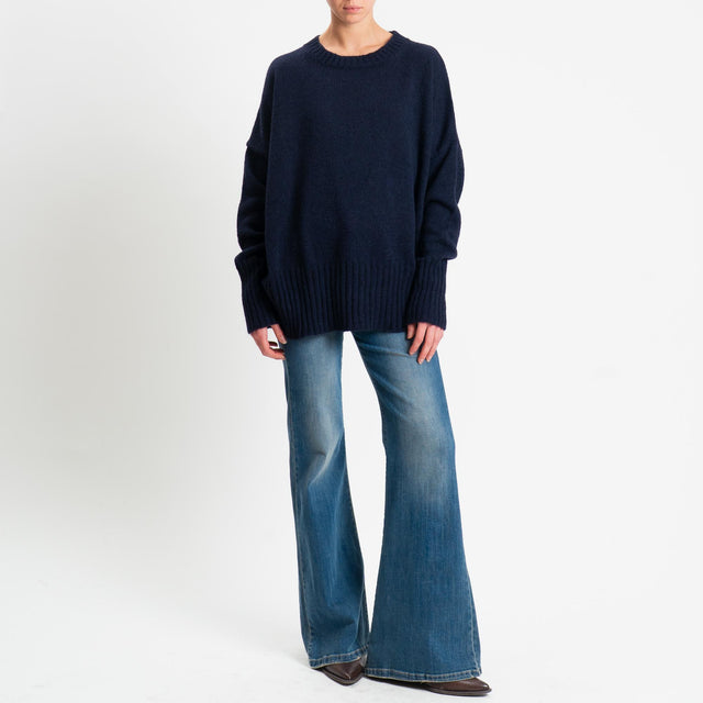 Tensione in-Maglia girocollo misto alpaca bordi a coste - blu