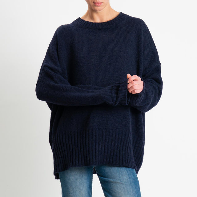 Tensione in-Maglia girocollo misto alpaca bordi a coste - blu