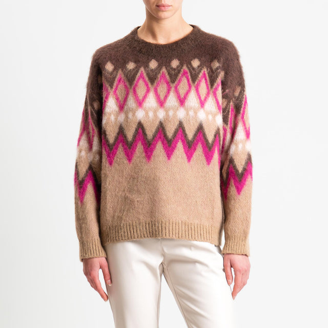 Tensione in-Maglia mohair fantasia fairisle - brown/fucsia/camel