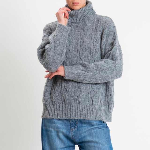 Tensione in-Maglia trecce collo alto misto alpaca - charcoal