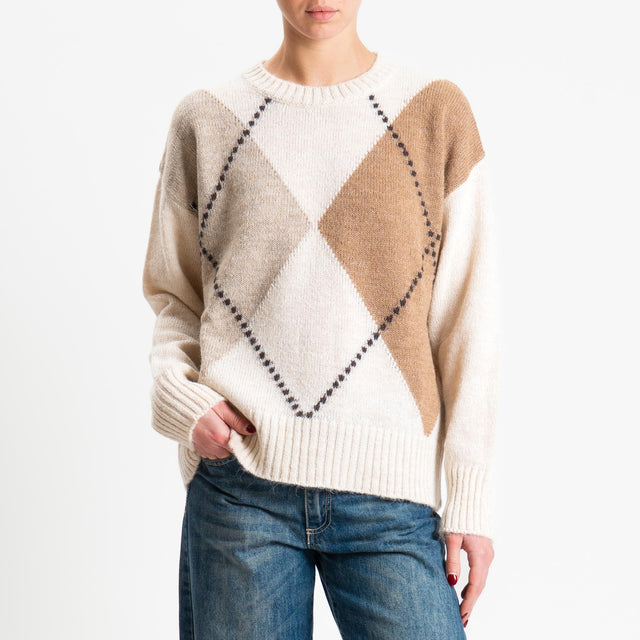 Tensione in-Maglia rombi argyle misto lana - off white/casha/camel