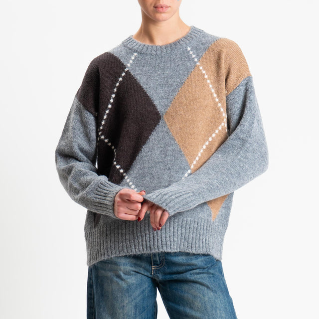 Tensione in-Maglia rombi argyle misto lana - moro/grigio/camel