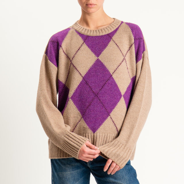 Tensione in-Maglia rombi a scatola misto lana - camel/viola