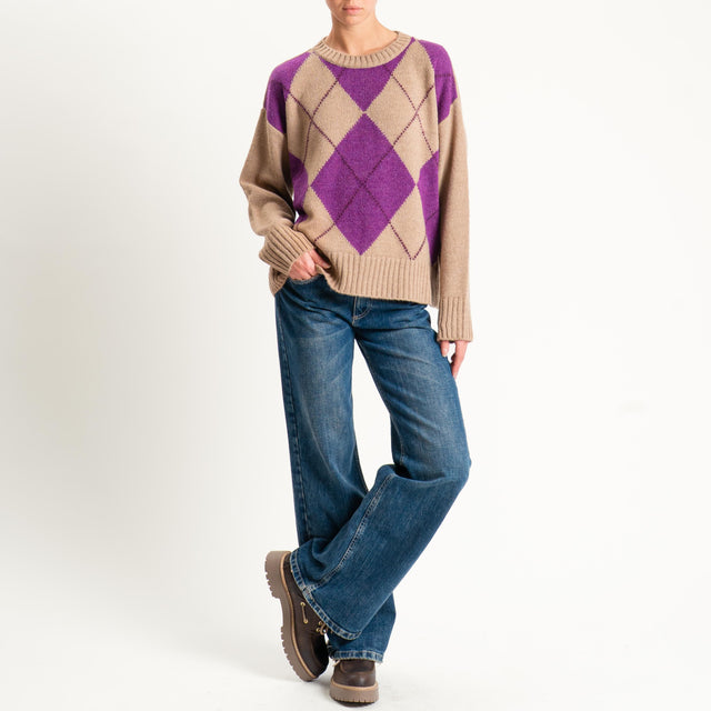 Tensione in-Maglia rombi a scatola misto lana - camel/viola