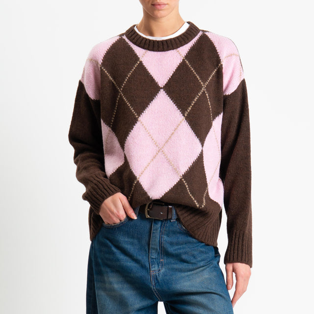 Tensione in-Maglia rombi a scatola misto lana - brown/rosa