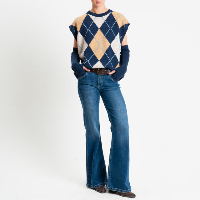 Tensione in-Maglia smanicata rombi argyle con mani - blu/camel/casha