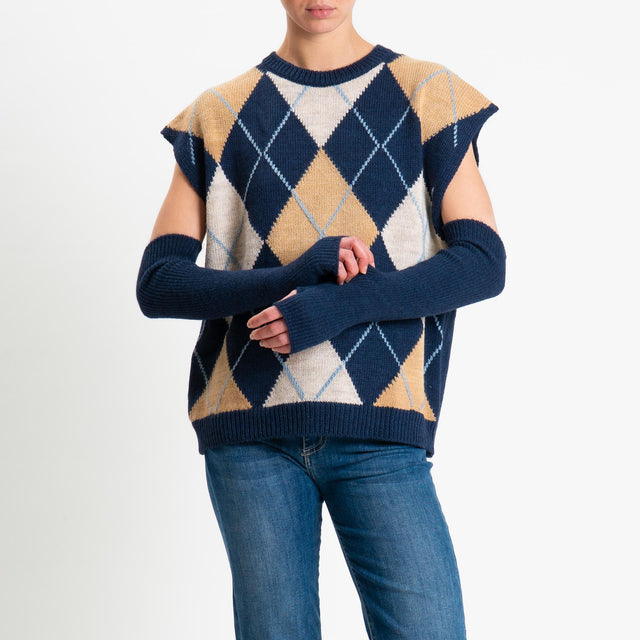 Tensione in-Maglia smanicata rombi argyle con mani - blu/camel/casha