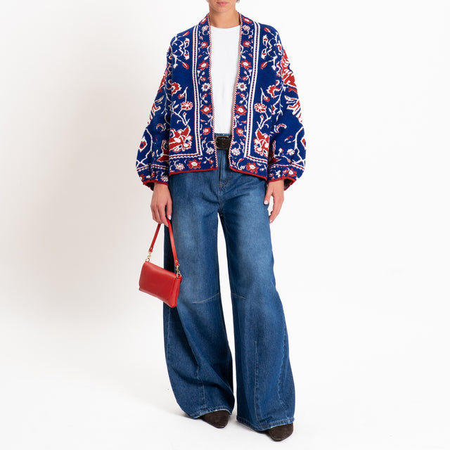 Tensione in-Cardigan misto alpaca fantasia floreal - blu/rosso/panna